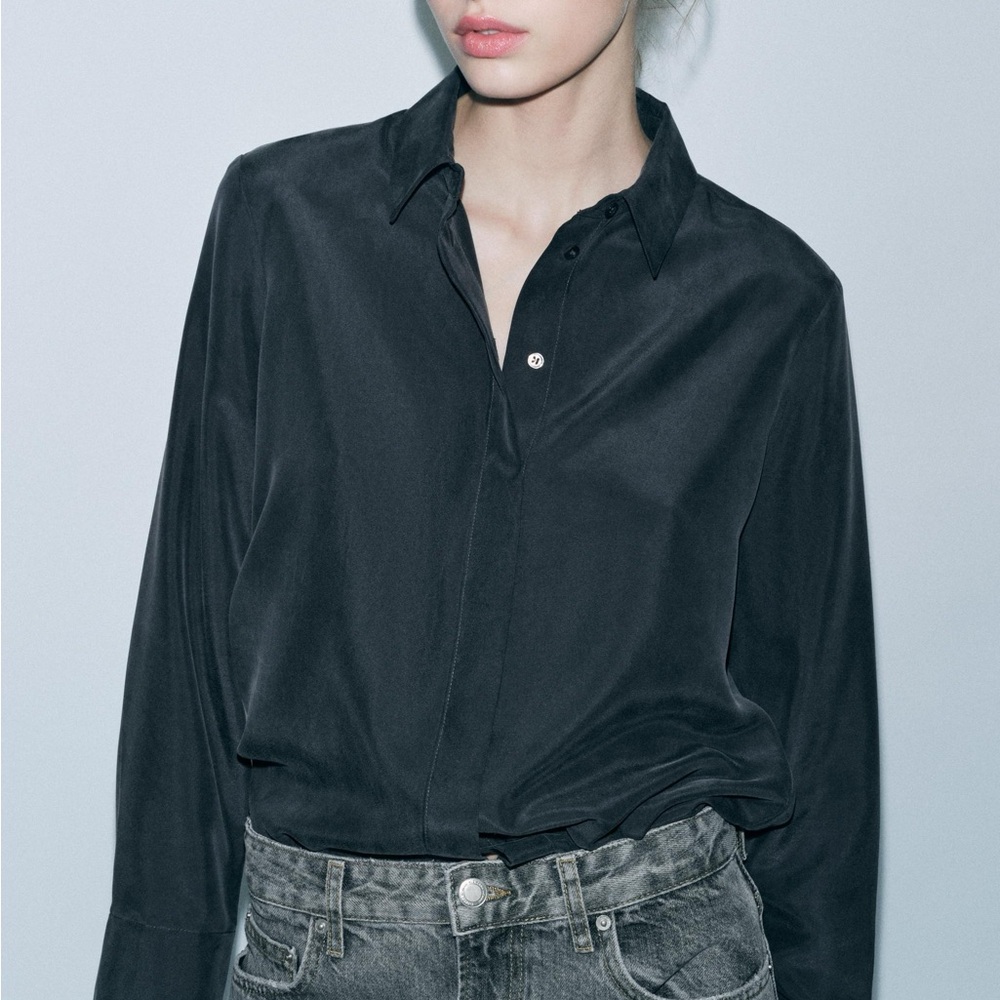 Zara Silk Old Money Button Down Long Sleeve Shirt